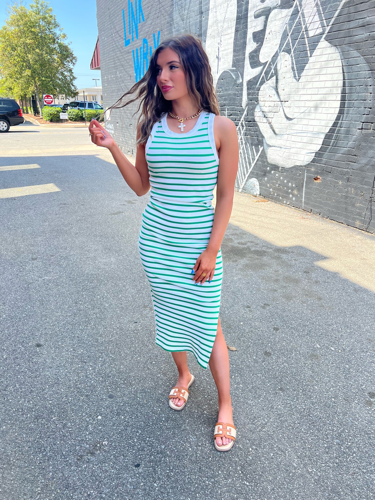 Green/White Striped Midi Dress