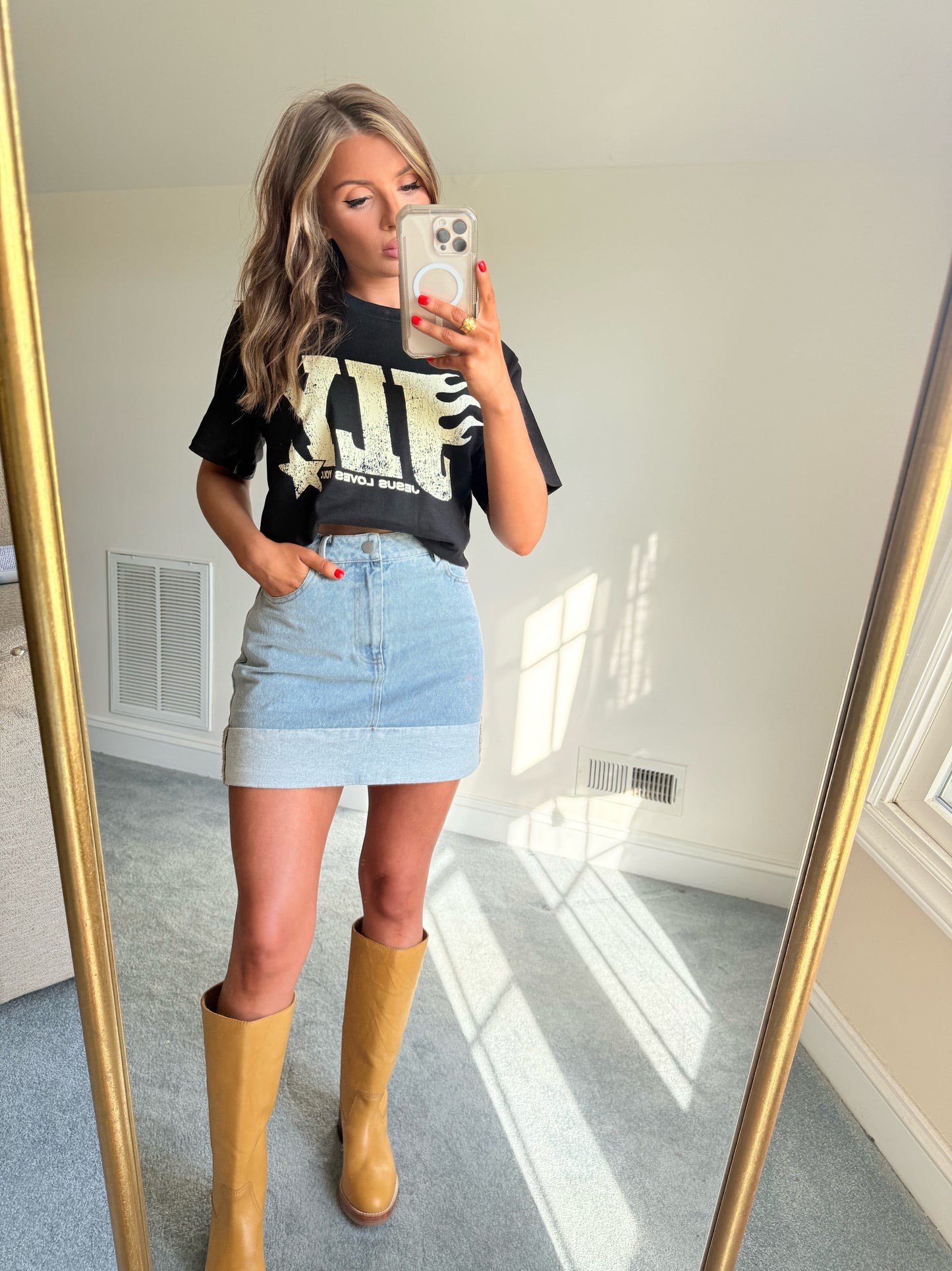 Denim Cuffed Denim Skirt