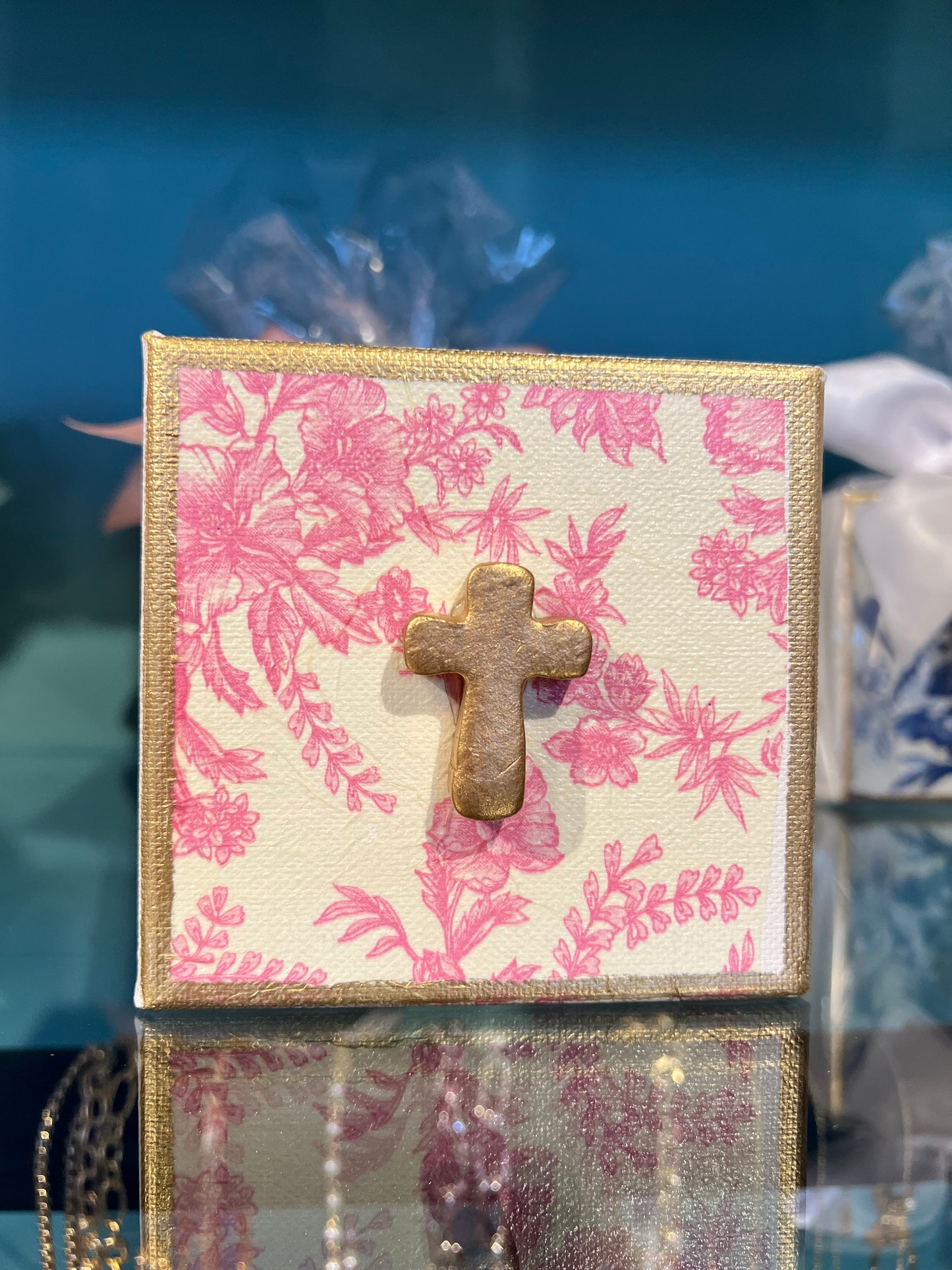 Gold Cross Pink Floral Canva Art