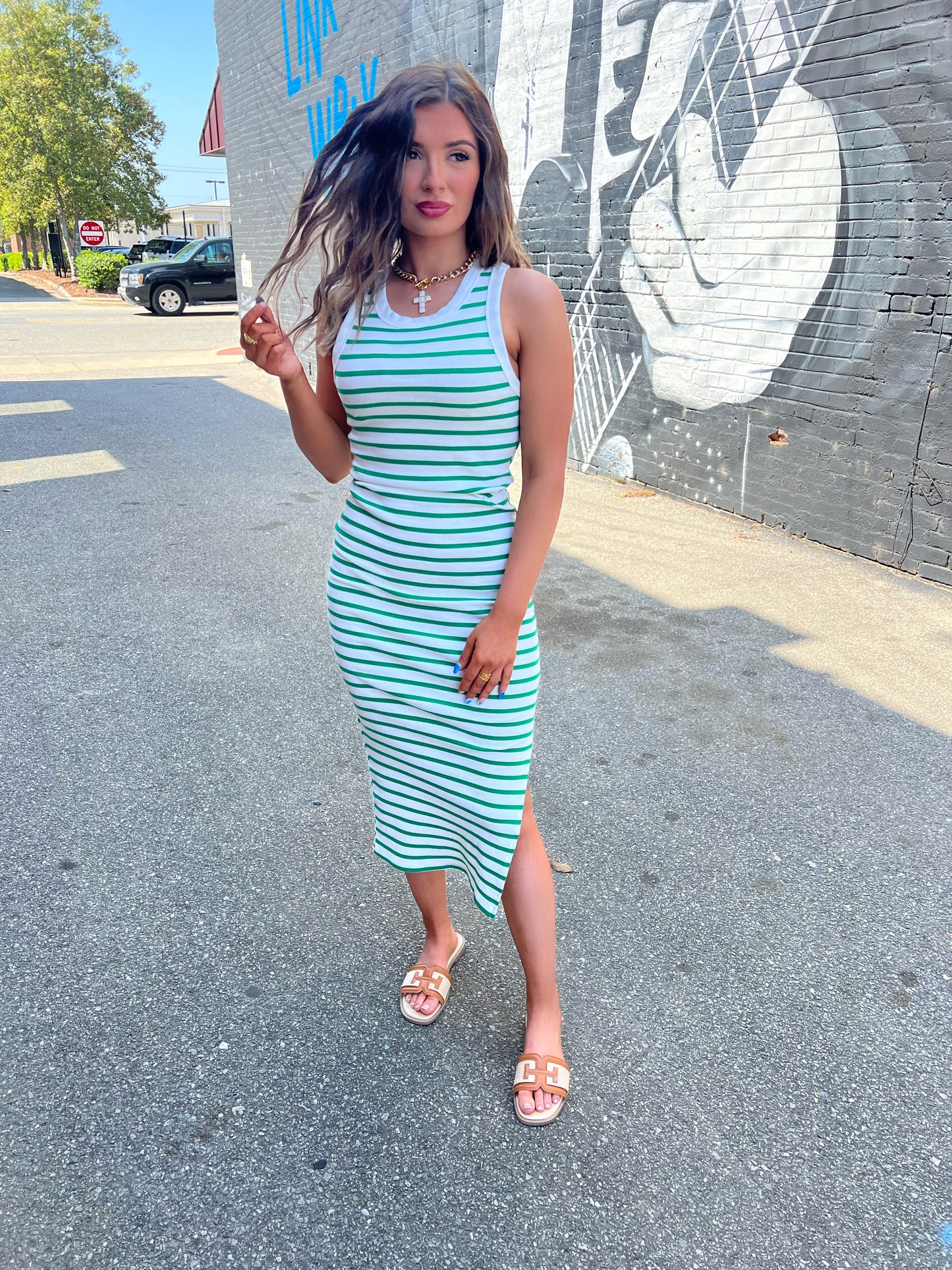 Green/White Striped Midi Dress