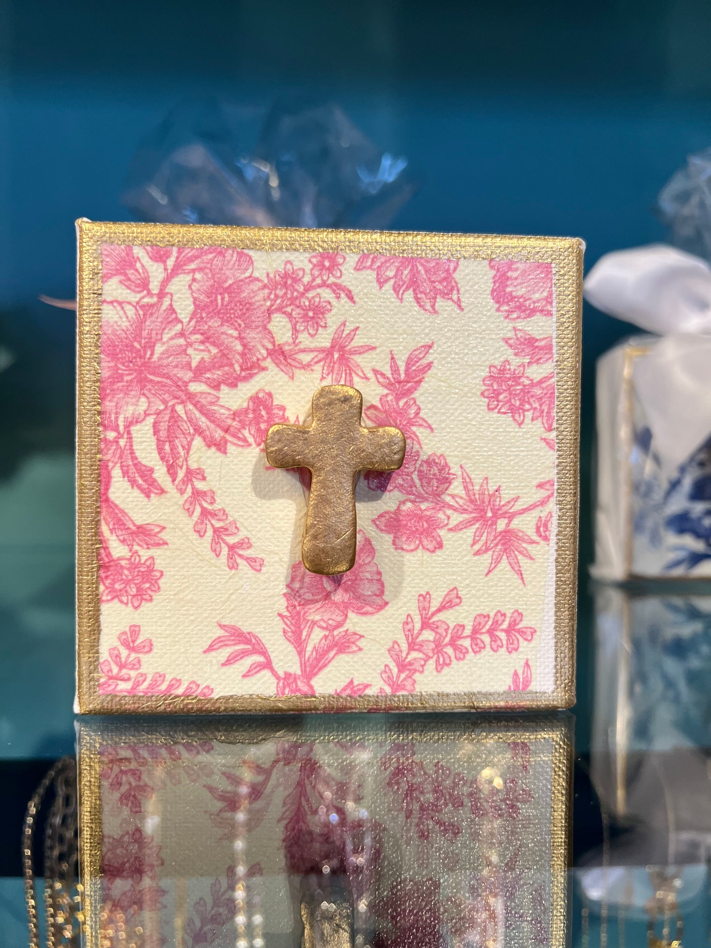 Gold Cross Pink Floral Canva Art