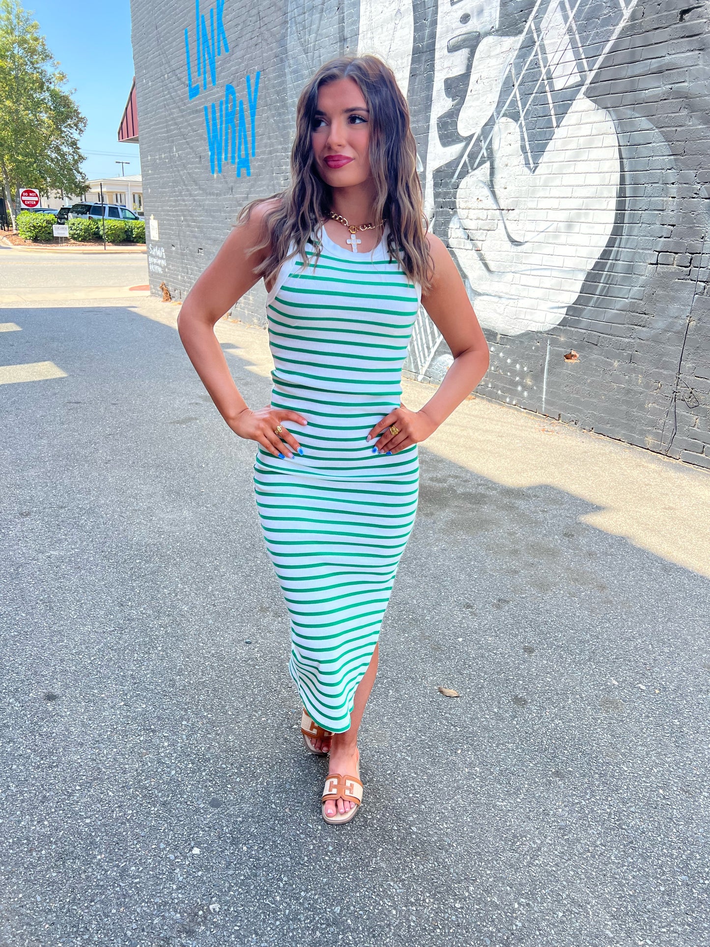 Green/White Striped Midi Dress