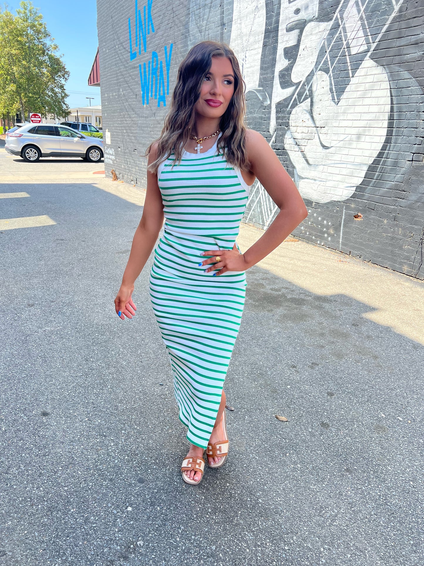 Green/White Striped Midi Dress