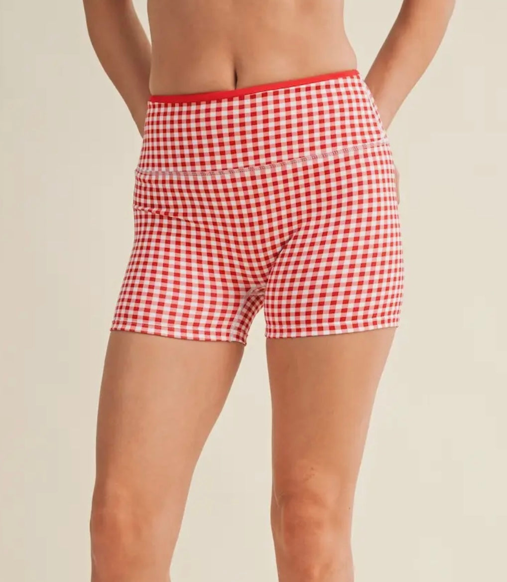 Red Gingham Contrast Biker Shorts