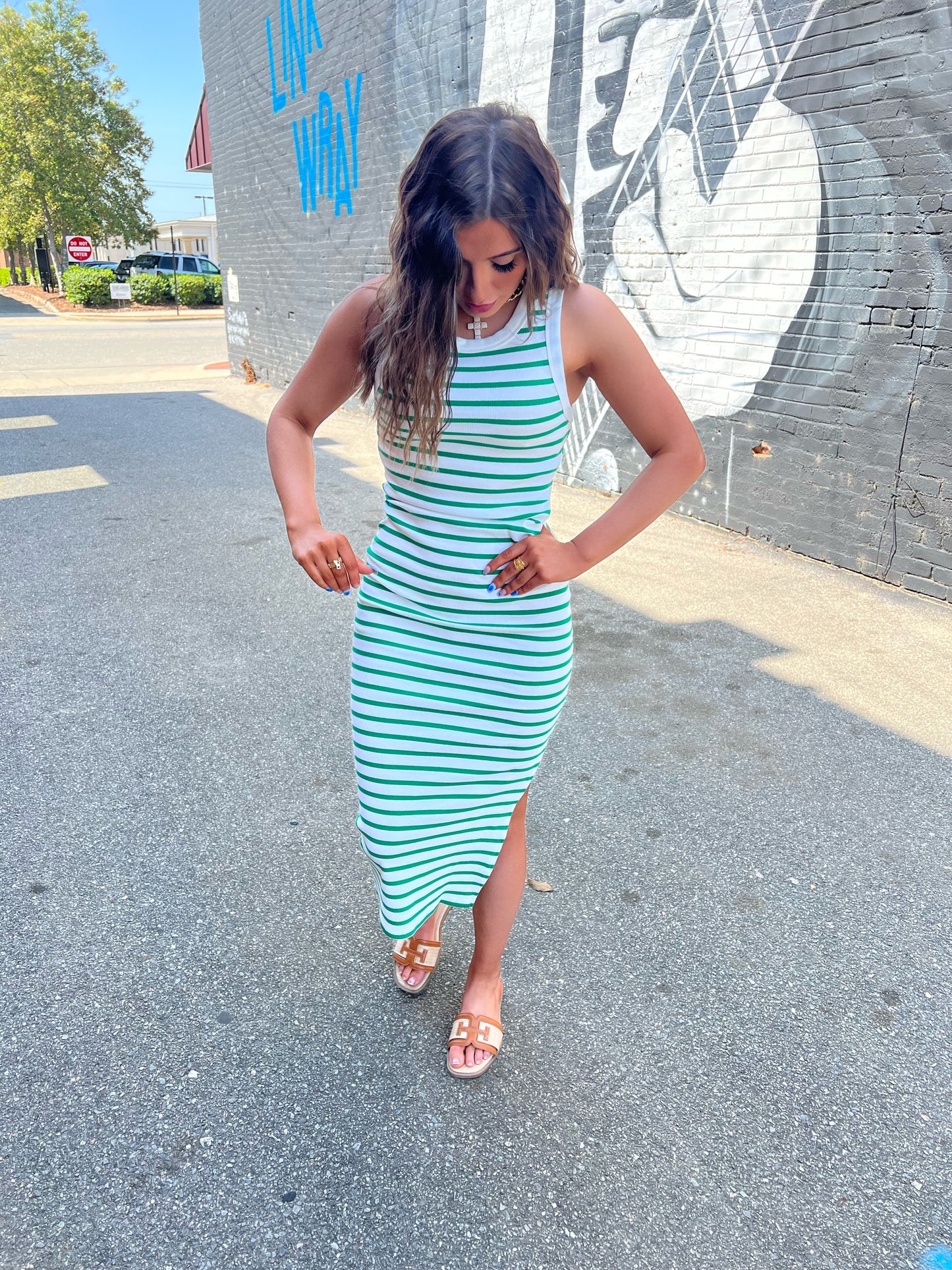 Green/White Striped Midi Dress