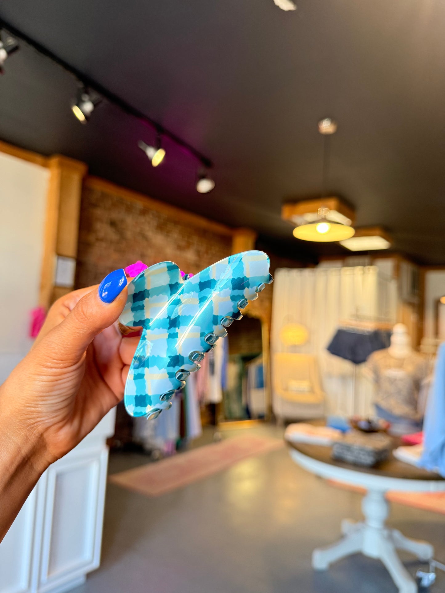 Large Checkered Mint/Blue Clawclip
