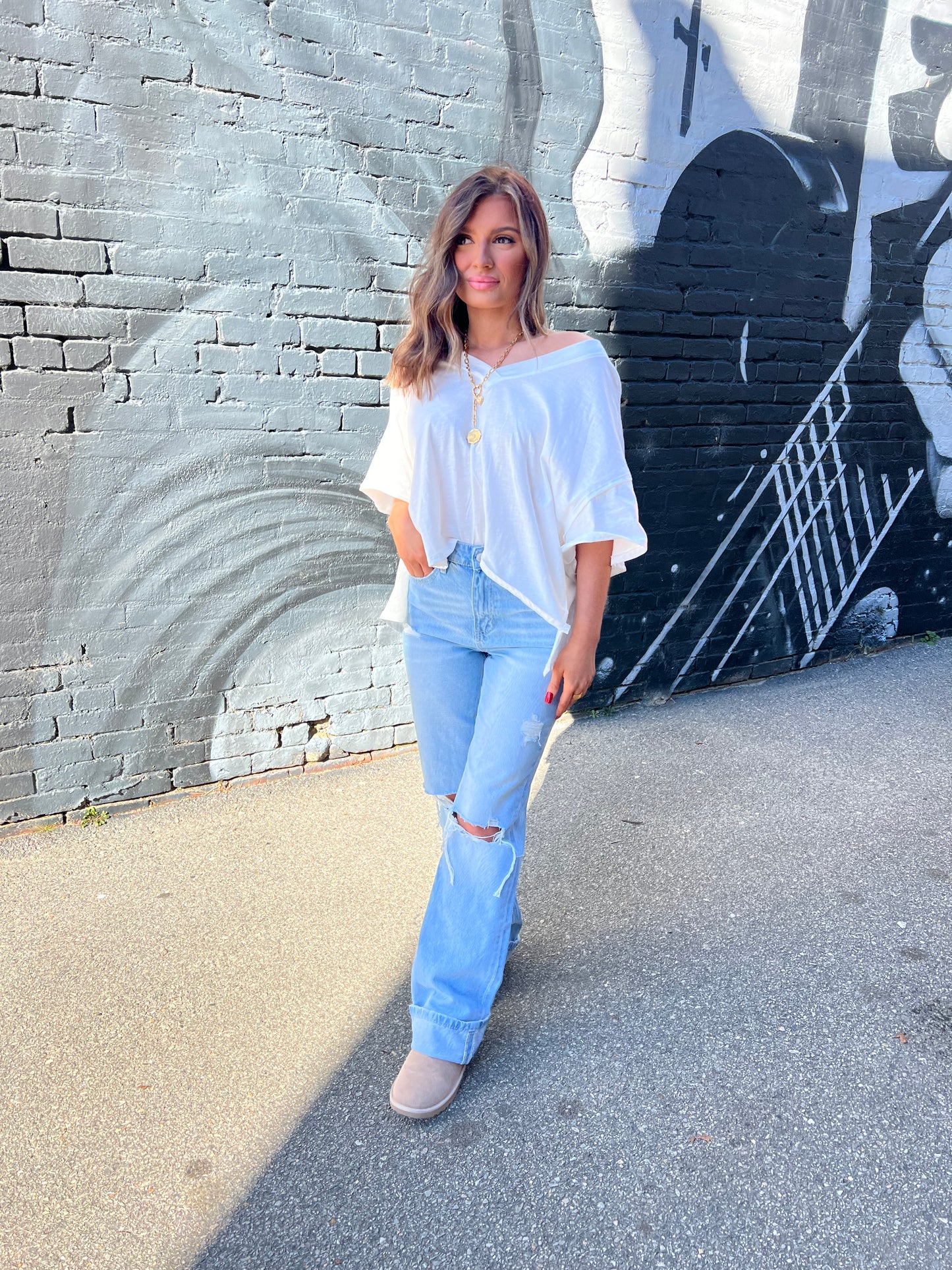 White Oversized V Neck Top