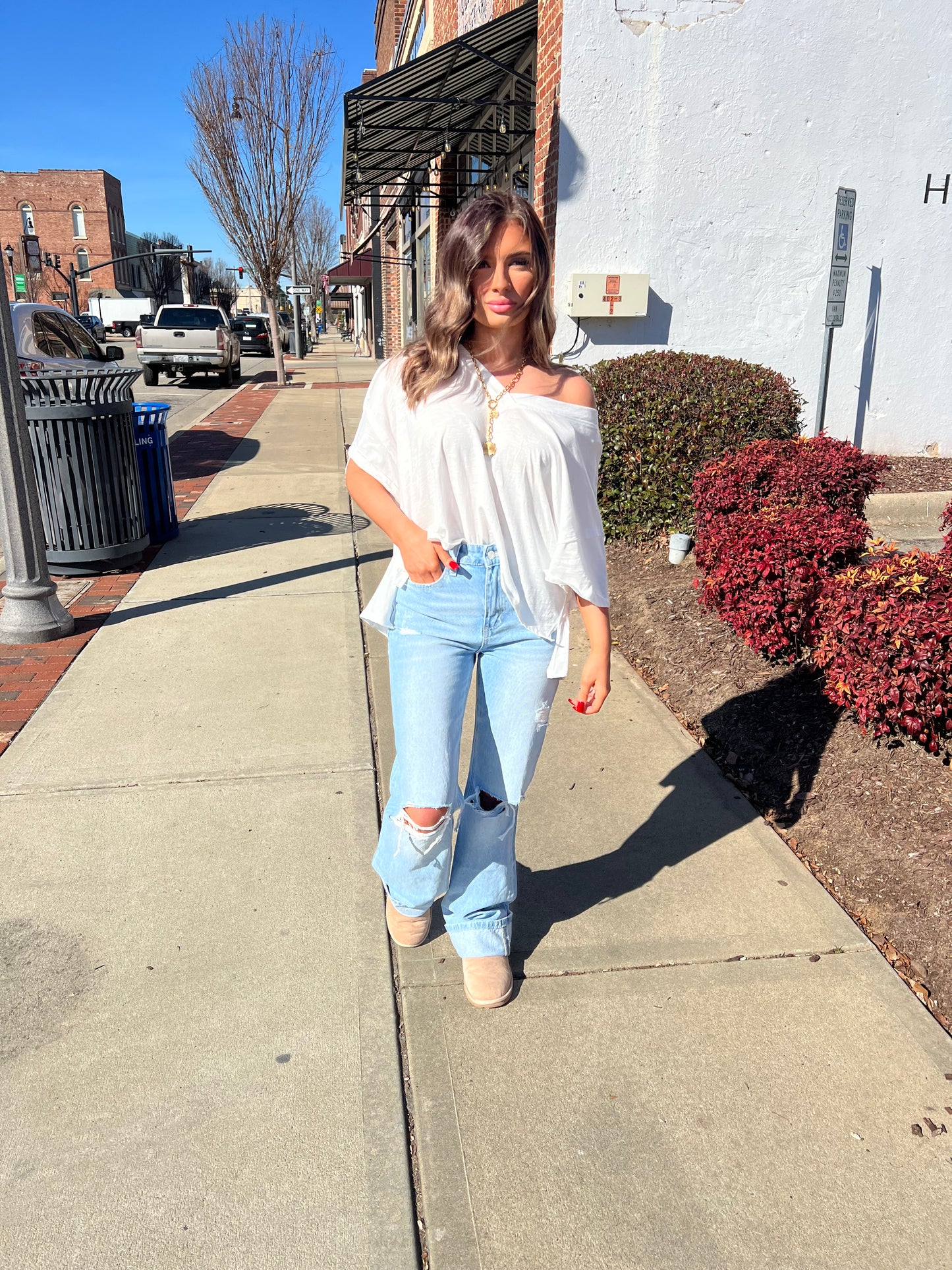 White Oversized V Neck Top