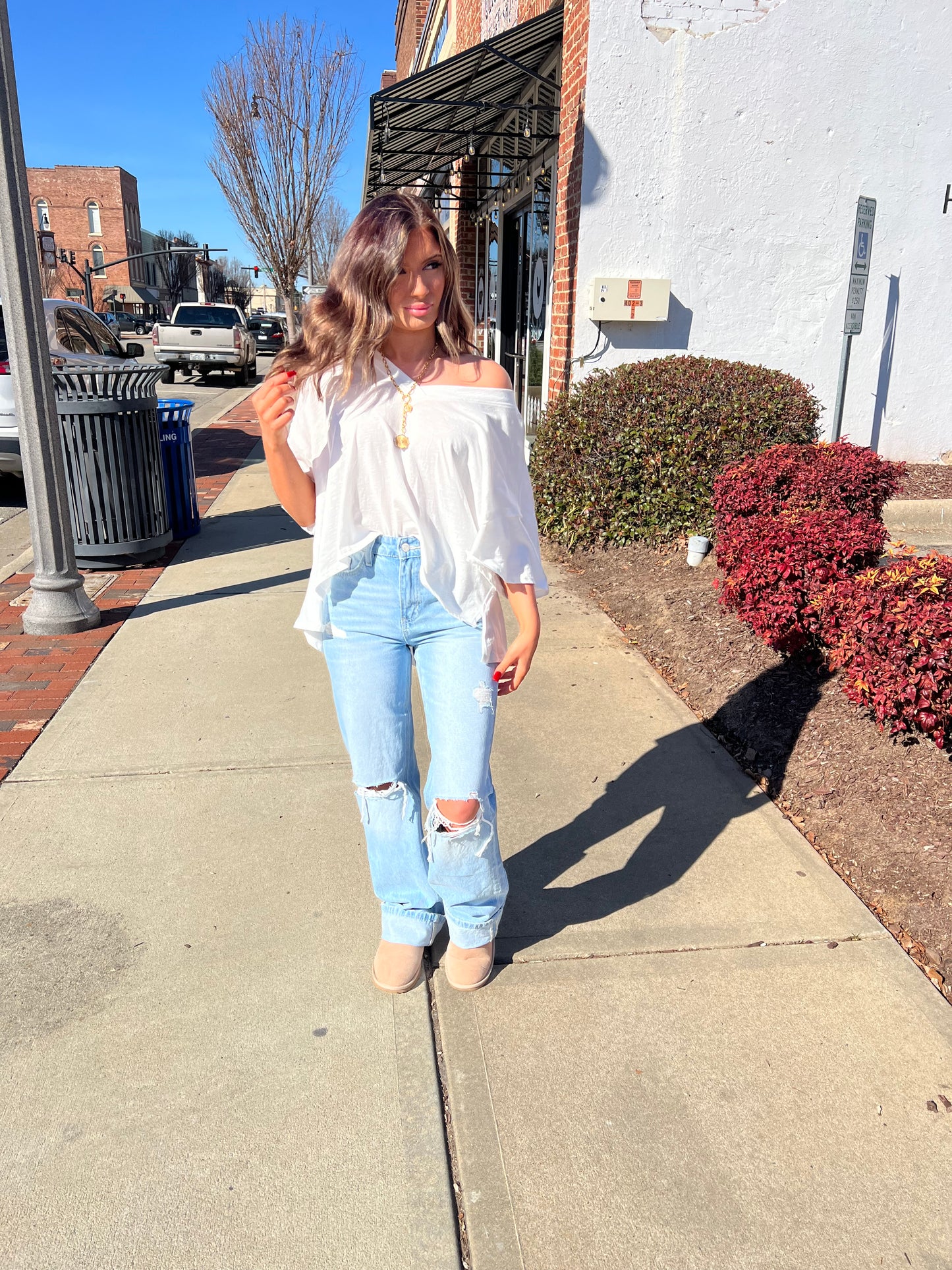 White Oversized V Neck Top