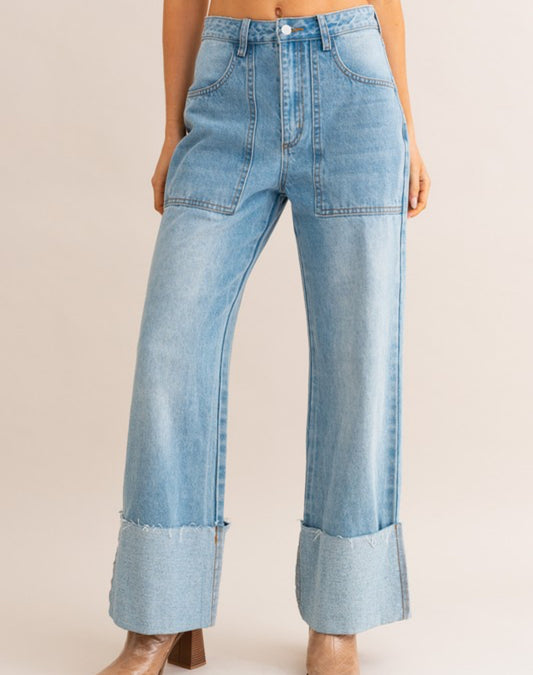 Wide Leg Cuffed Denim Jeans