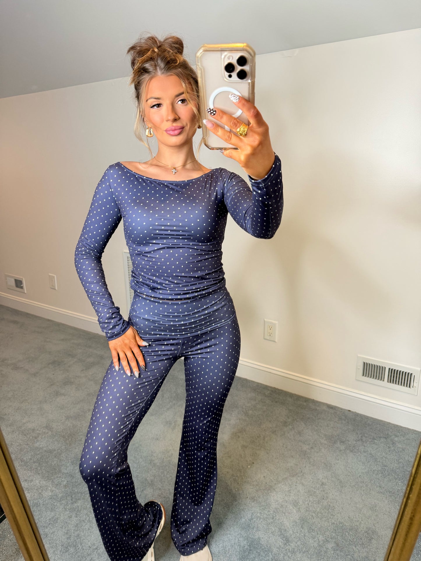 Navy Polka Dot Fold-Over Lounge Pants