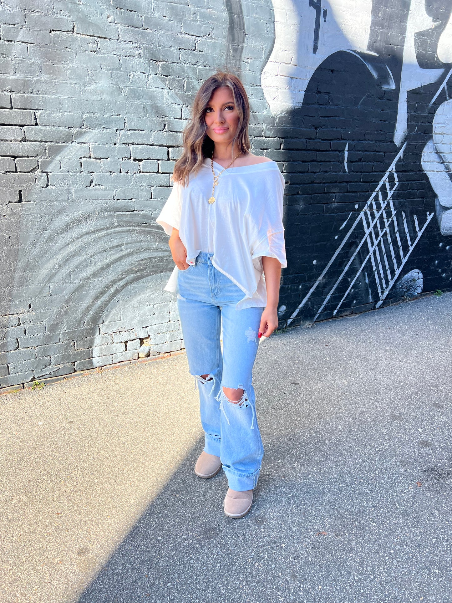 White Oversized V Neck Top