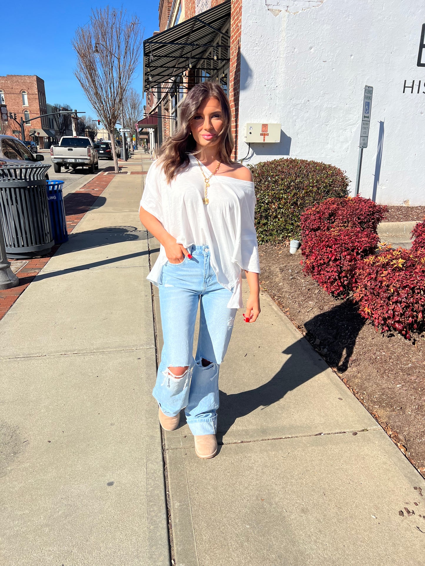 White Oversized V Neck Top