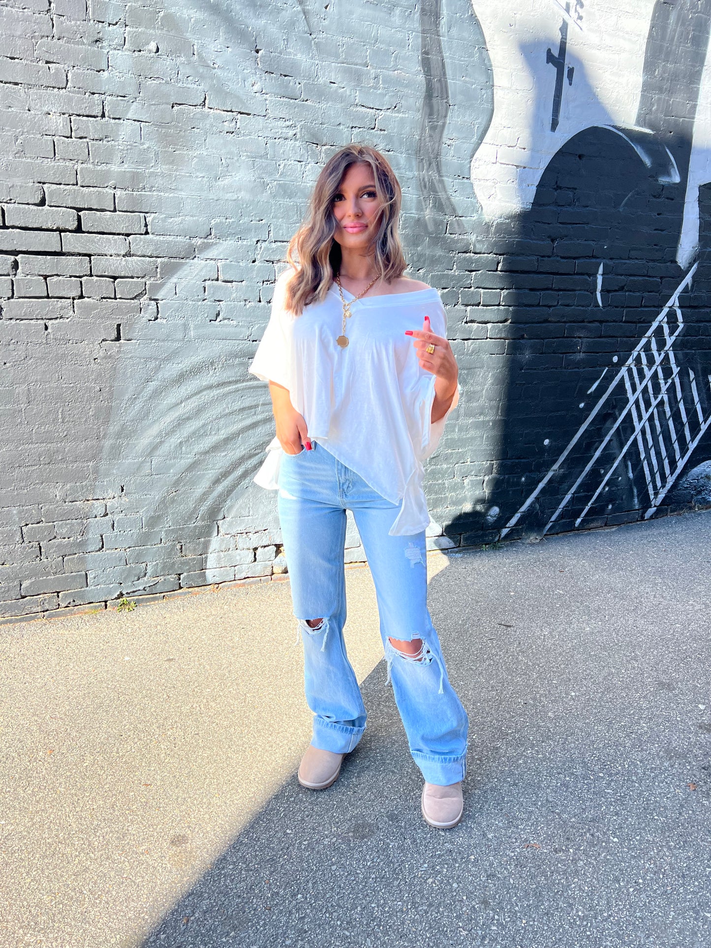 White Oversized V Neck Top