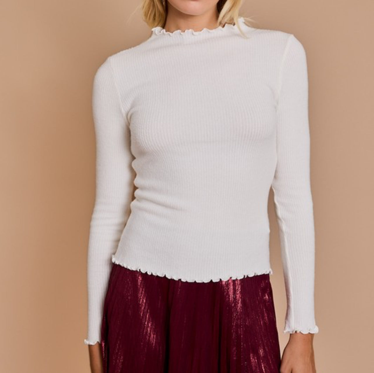 Mock Neck Long Sleeve Top (White)