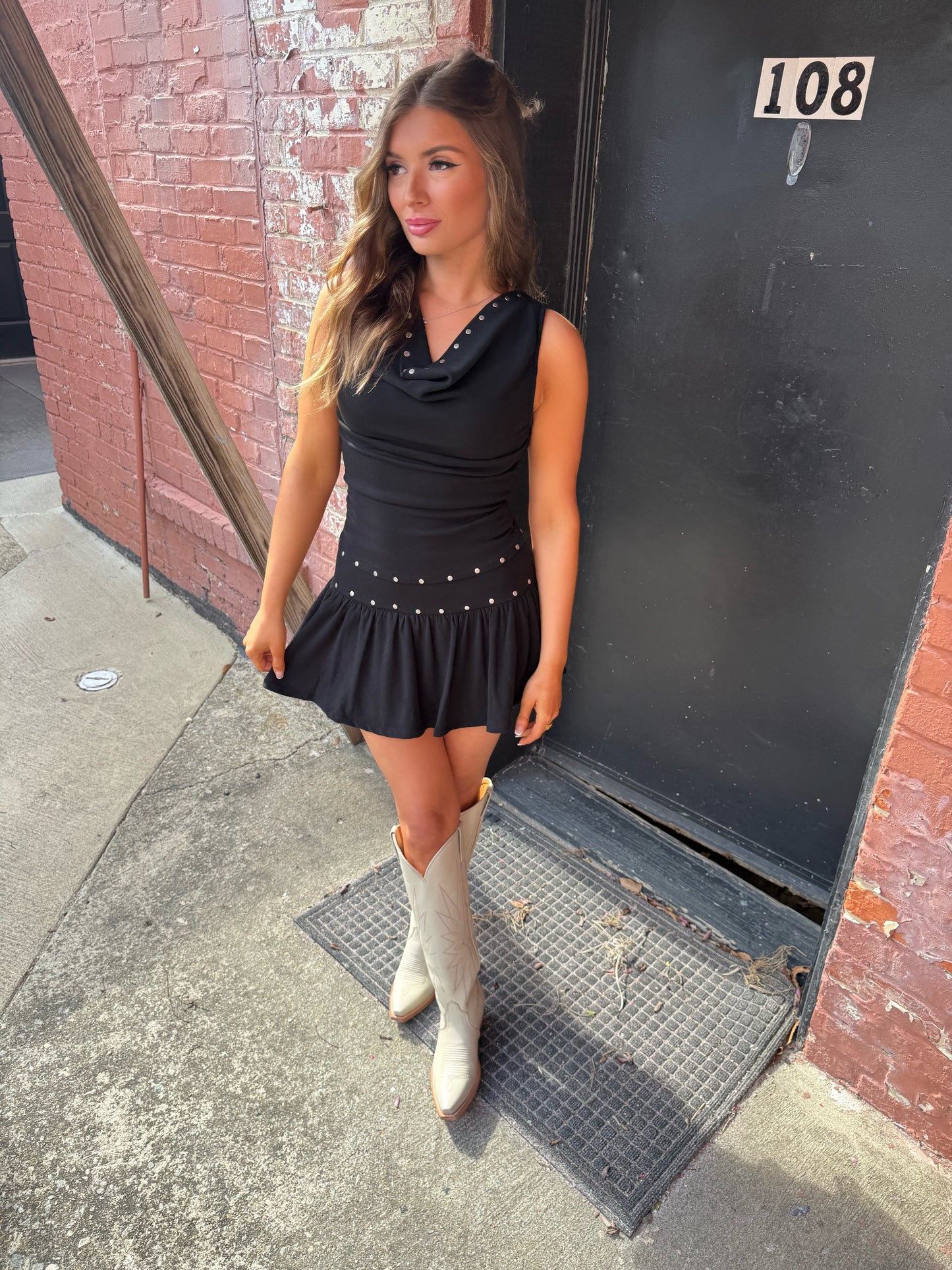 Black Cowl Neck Stud Tank Top