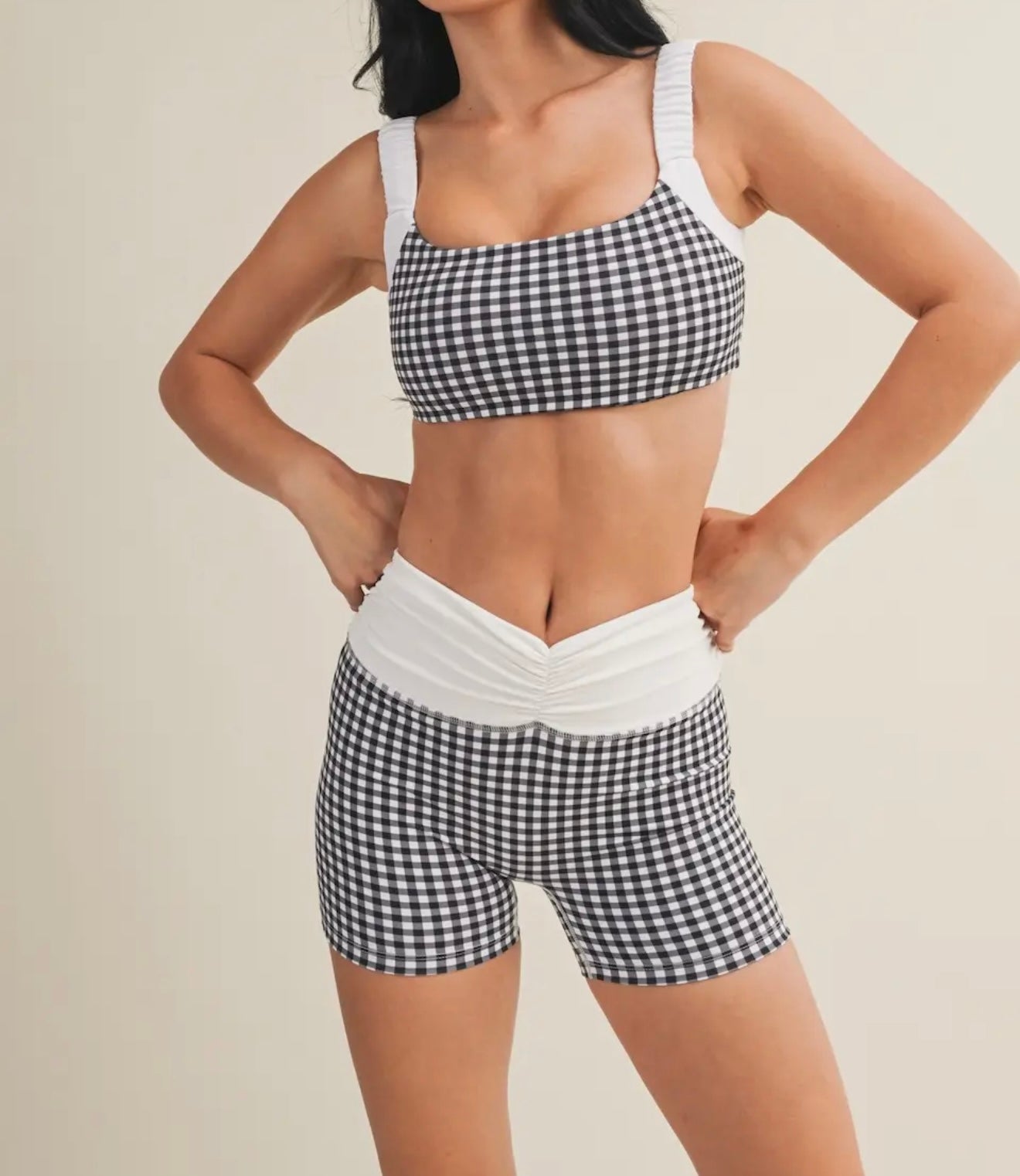 Black Gingham Scrunched Sports Bra