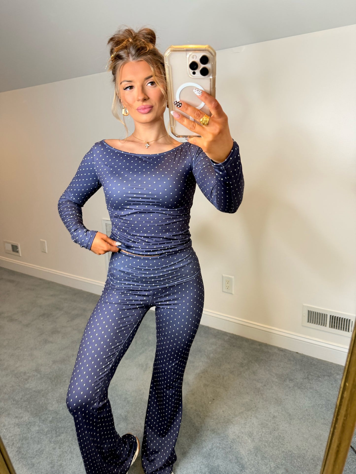 Navy Polka Dot Fold-Over Lounge Pants