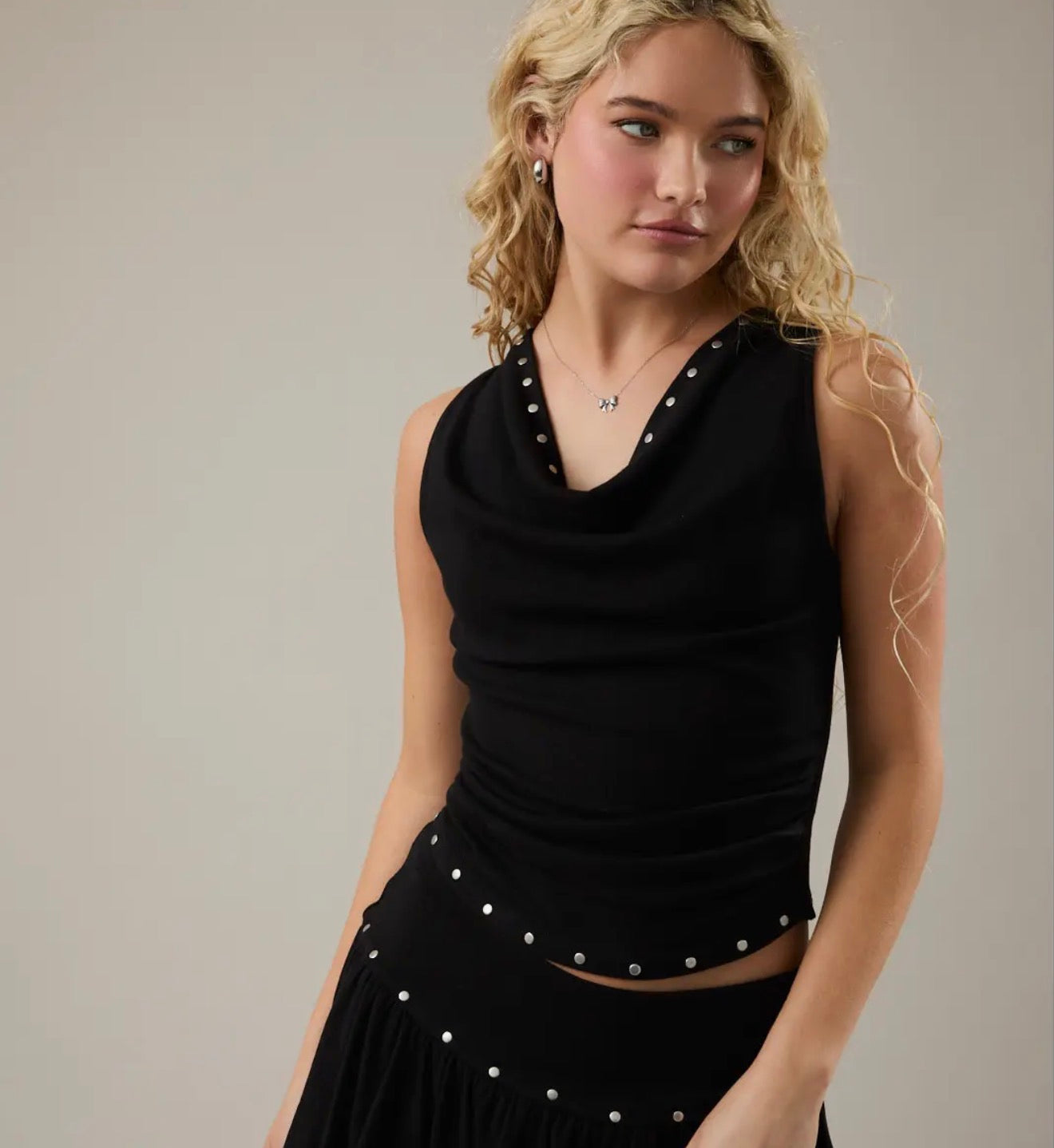 Black Cowl Neck Stud Tank Top