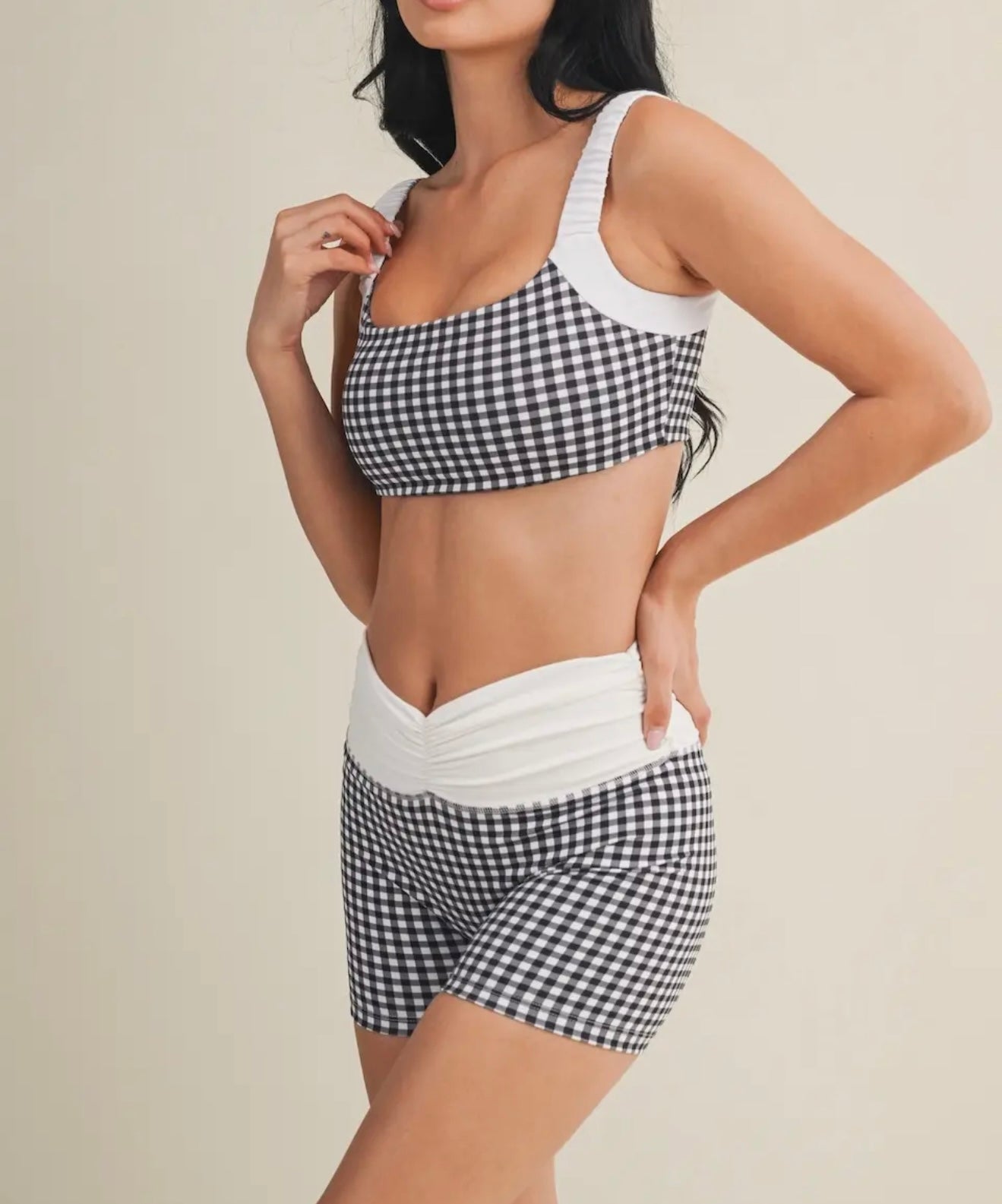 Black Gingham Scrunched Sports Bra
