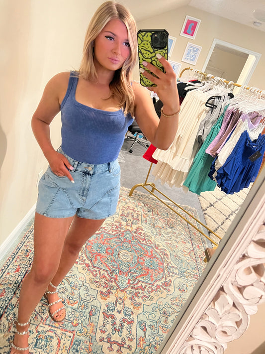 Paneled Denim Shorts